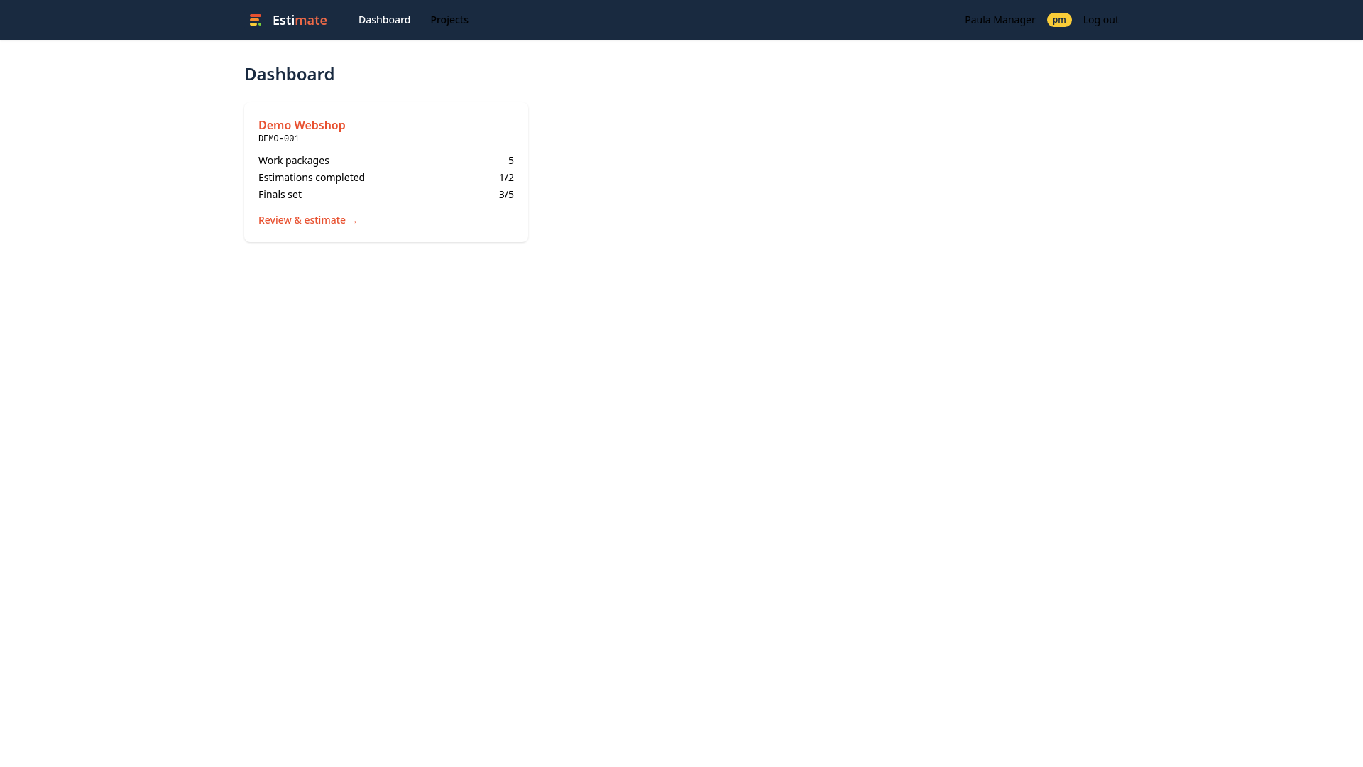 The dashboard showing a project card with progress counters