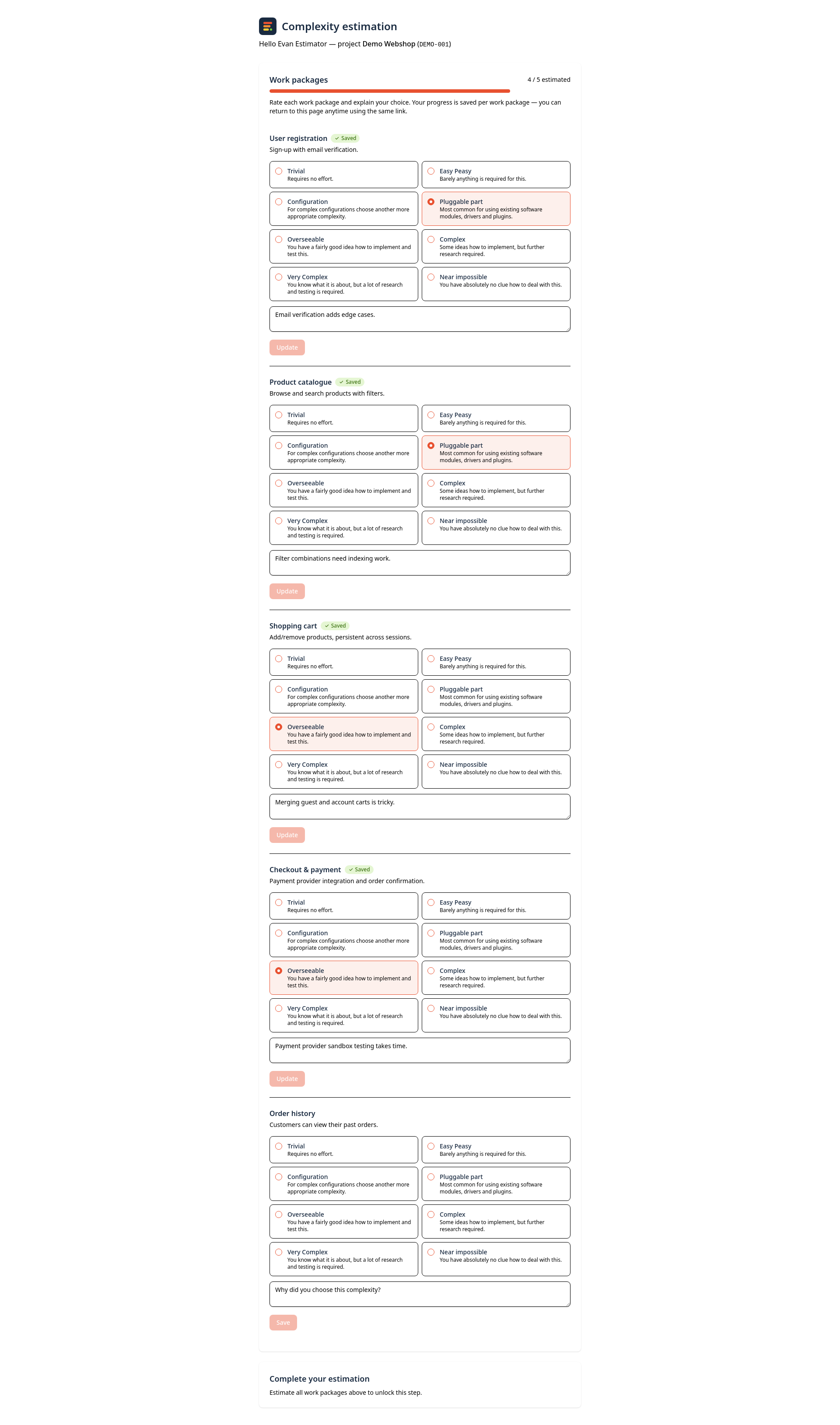 The estimation form with complexity choices and explanation fields per work package