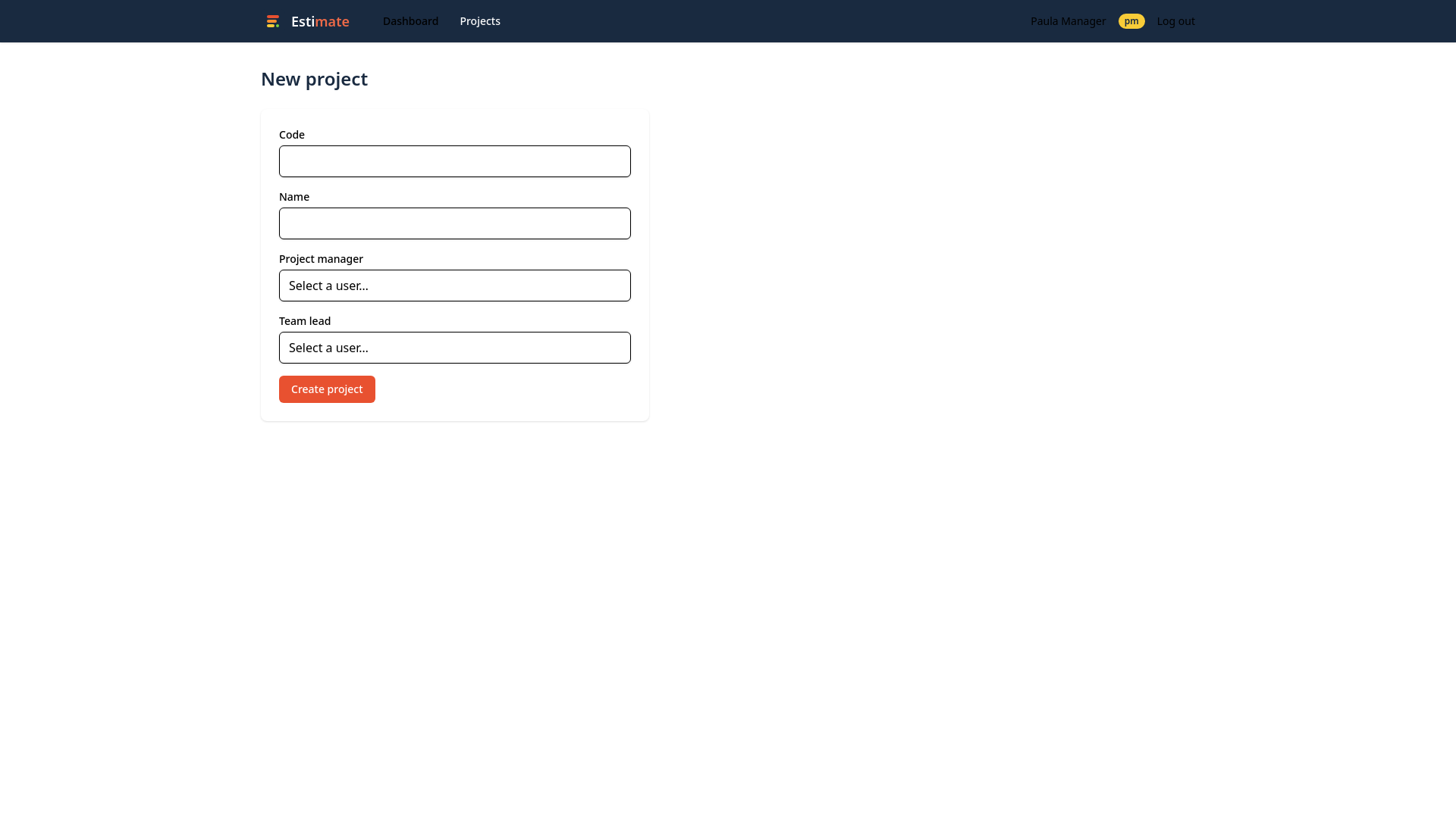 The new project form with code, name, project manager and team lead fields