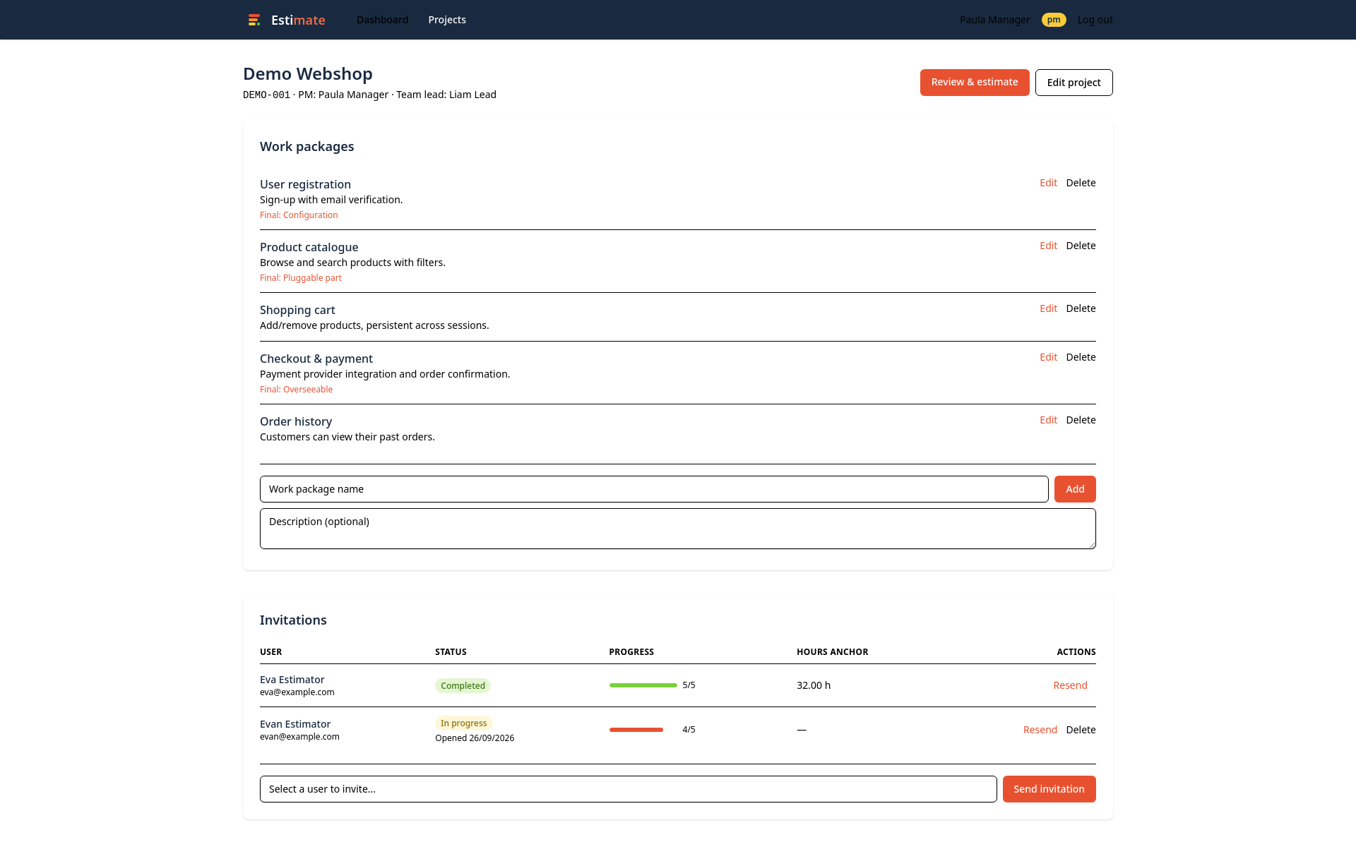 The project detail page with work packages, an add form and the invitations table