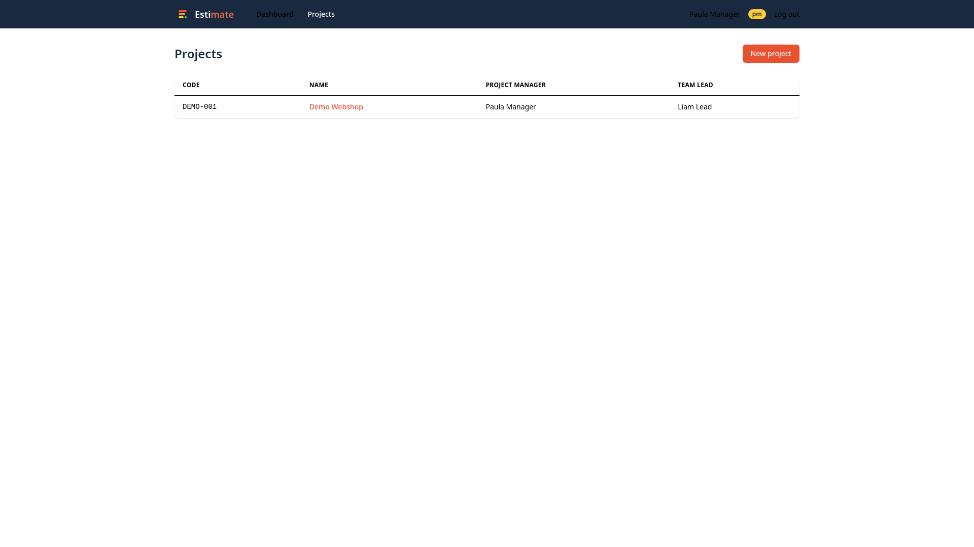 The projects list showing code, name, project manager and team lead