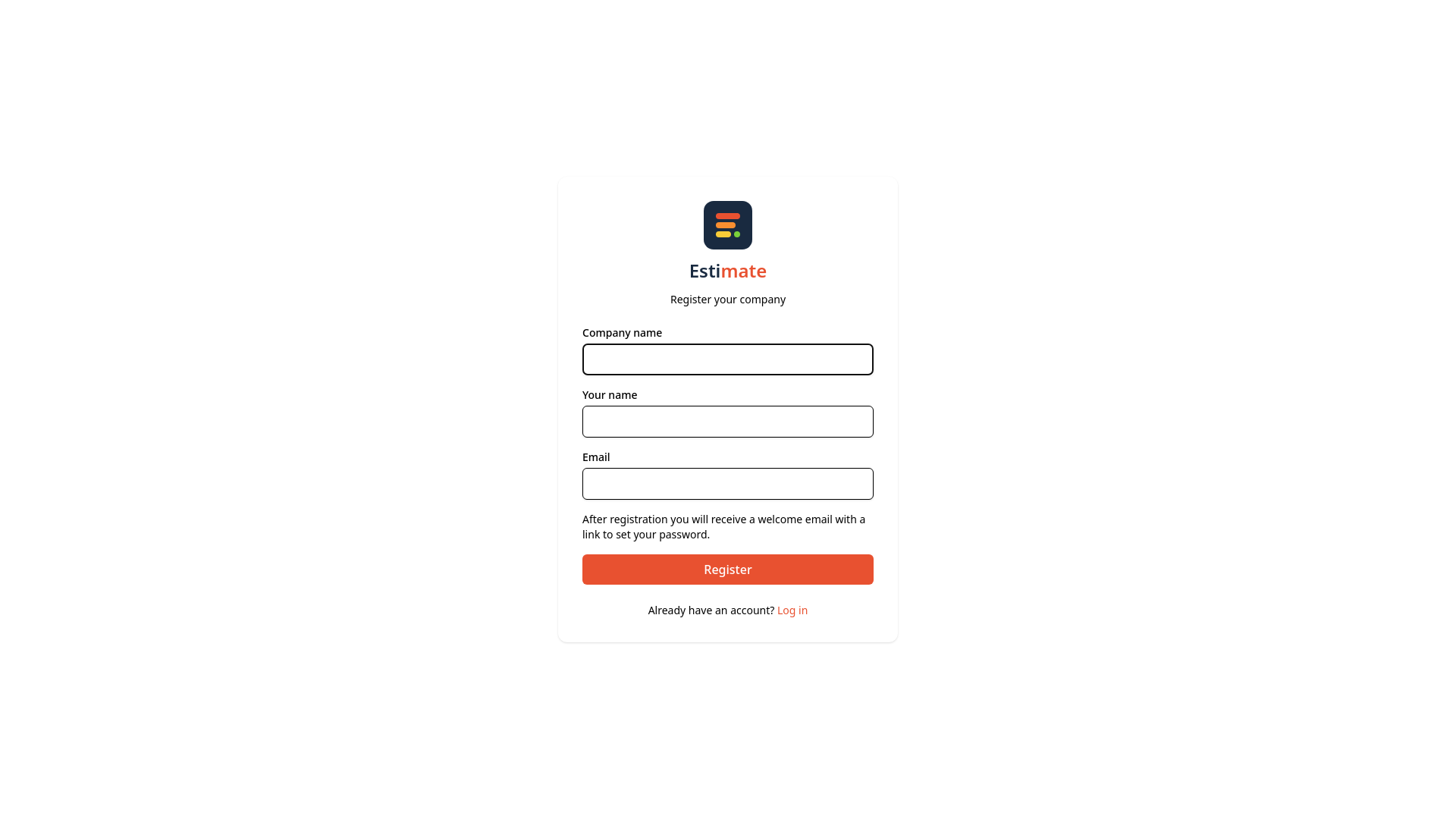 The company registration form with fields for company name, your name and email