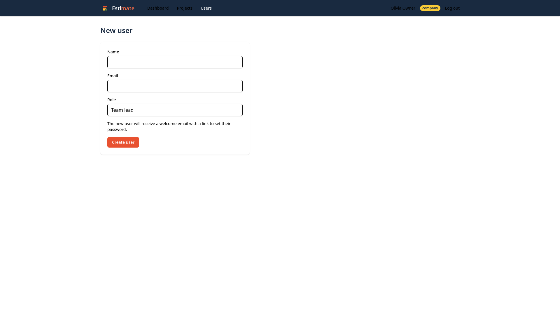 The new user form with name, email and role fields